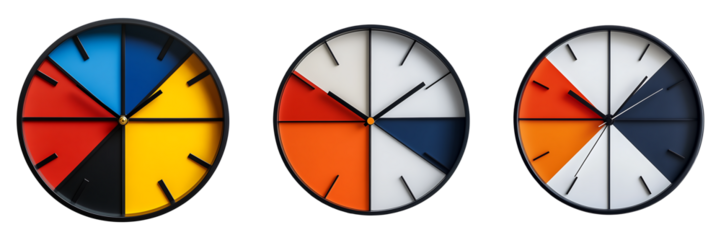 Set of wall clocks with a modern geometric design isolated on transparent background