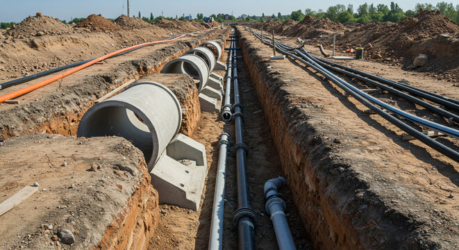 Construction site showing trenches with large concrete pipes and black pipes laid underground at daytime