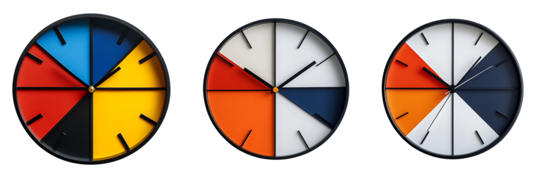 Set of wall clocks with a modern geometric design isolated on transparent background