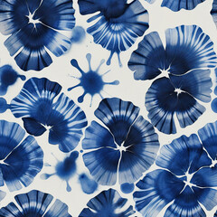 Abstract blue floral and ink splatter seamless tile pattern with a tie-dye watercolor effect on a white background, ideal for fabric, wallpaper, or digital design.
