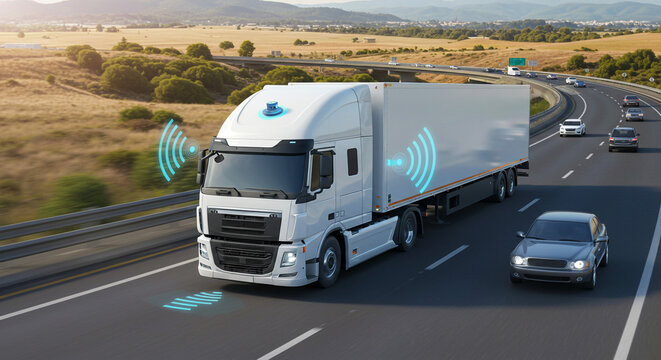 A white autonomous truck driving on a highway with other cars and a landscape in the background view
