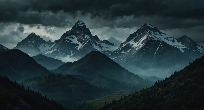 A majestic, rugged mountain range with snow-capped peaks stands under a dramatic, moody, and cloudy sky, evoking a sense of raw, untamed wilderness.