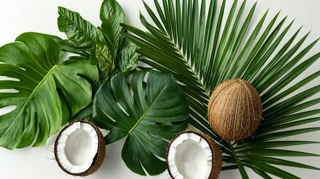 Tropical leaves and coconuts on white background