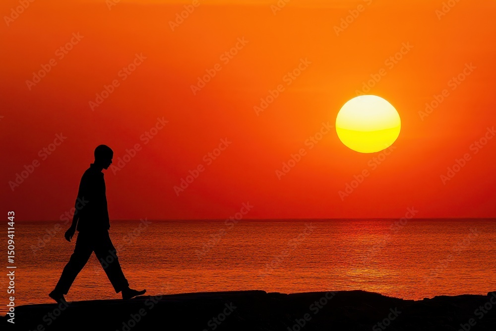 Aufkleber silhouette of a person walking along the shore at sunset with a vibrant orange sky and reflection on