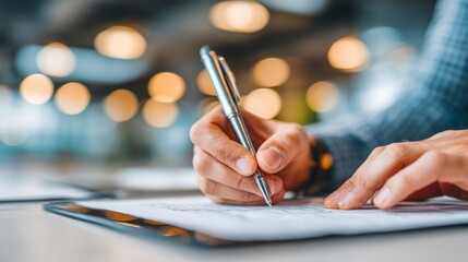 Hand Writing on Document with Pen in Office Setting CloseUp of Business Person Signing Paperw