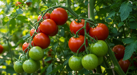 Vibrant tomatoes ripening on the vine, a visual feast of nature's bounty.
