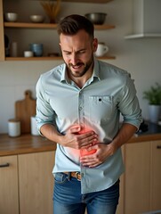 Portrait of casual man with stomach pain in kitchen