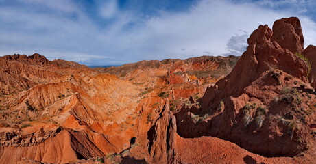 Northern Kyrgyzstan. Picturesque views of the famous Skazka Canyon, the clay mountain peaks of...