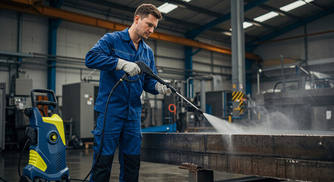 A man in blue overalls using a pressure washer to clean metal beams in an industrial setting indoors
