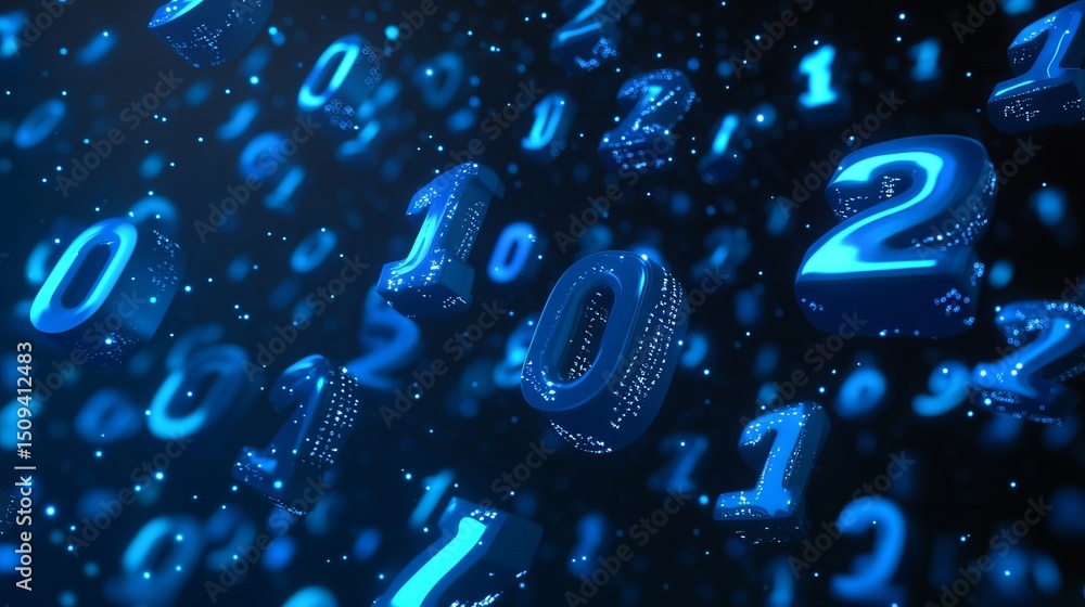 Poster abstract blue digital numbers background technology data flow futuristic shiny glowing 3d render mod
