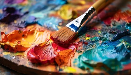 Fototapeta premium detailed close up of a painter s palette focusing on the texture of mixed oil paints and the brush strokes