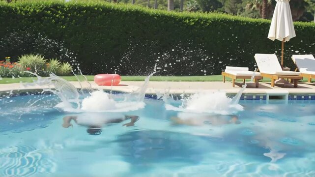 happy positive african american man and woman jumping into pool summer resort vacation

 - Powered by Adobe