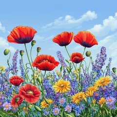 Obraz premium Vivid flowers bloom beneath a bright blue sky, dotted with fluffy white clouds