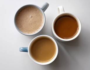 three cups of coffee are sitting on white surface showcasing rich brown liquid and creamy foam evoking warmth and comfort
