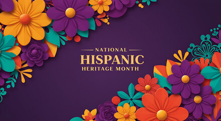 National Hispanic Heritage Month Festive Background with Colorful 3D Paper Cut Flowers and Leaves