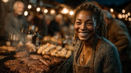 A smiling individual cooking food on a grill at an outdoor market surrounded by warm lights an
