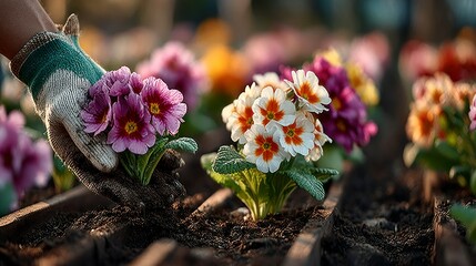 Gardening Hand Holding Vibrant Flowers in a Lush Garden Setting
