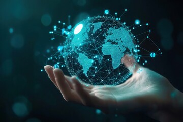 Hand holding digital world globe network