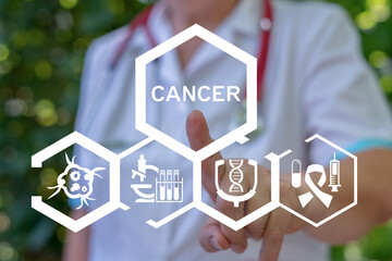 Doctor using virtual touch screen push text: CANCER. Cancer Awareness Medical Innovation Concept....
