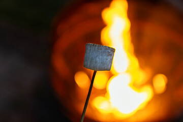Roasted Marshmallow on a stick in front of a fire 