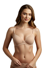 Fototapeta premium A woman in soft beige lingerie smiling, isolated
