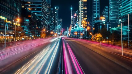 Vibrant city at night: long exposure of illuminated architecture and streaking lights