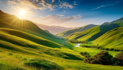 a serene scene of a lush green valley nestled amidst rolling mountains bathed in the warm glow of sunlight the image conveys a sense of peace tranquility and natural beauty