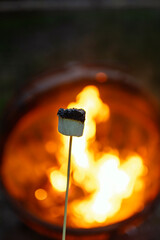 Burnt Marshmallow in front of a fire 