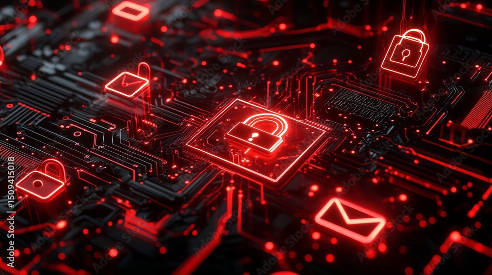Poster cybersecurity digital lock network security abstract red glowing padlock technology data protection 