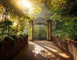 lush greenery illuminated by sunlight filtering through a gated enclosure