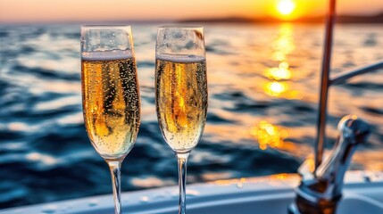 Champagne flutes at sunset on a boat