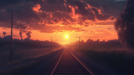 Obraz premium Tracks to Twilight: Railway at a Dramatic Sunset