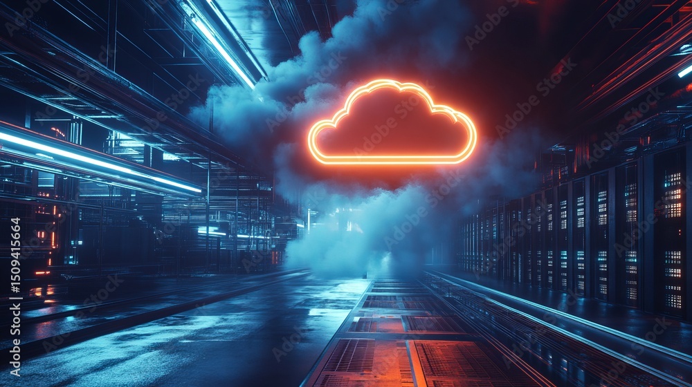 Poster neon cloud computing server room digital art futuristic technology network data center infrastructur