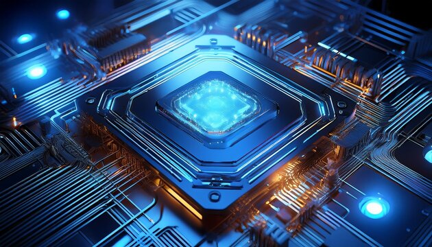 close up quantum computer processor in a high tech lab glowing with vibrant blue light amid intricate wiring and metallic surfaces