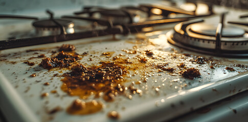 Grimy white stovetop splattered with baked-on grease and food stains , filthy, repair, stains