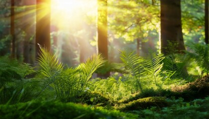 Obraz premium lush greenery illuminated by sunlight creating a serene and tranquil atmosphere