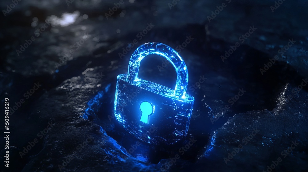 Poster cybersecurity digital padlock glowing blue abstract technology protection privacy secure data networ