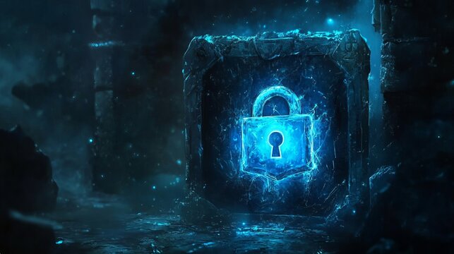 Mystical Blue Ice Padlock Digital Art Abstract Security Concept Frozen Technology Glowing Energy Dark Background Digital Illustration Futuristic Design Powerful Symbolism          