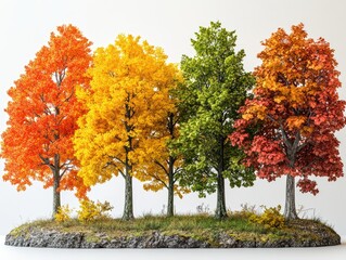 Naklejka premium Colorful autumn trees on a small grassy island against a bright white background