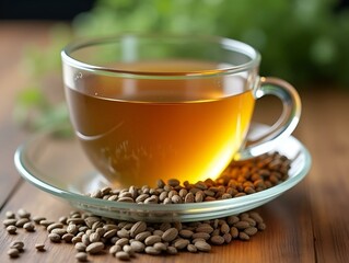 Fennel tea in cup and seeds on wooden table, closeup