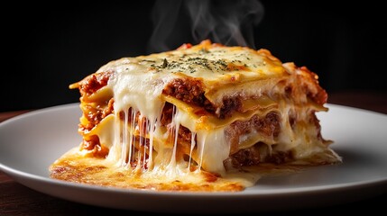 Photograph of layered lasagna with melting cheese and oregano on a white plate.