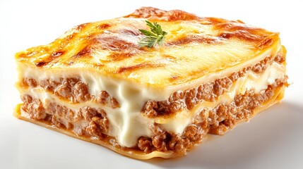 Photograph of layered lasagna with bÃ©chamel sauce, meat filling, and golden-brown crust.