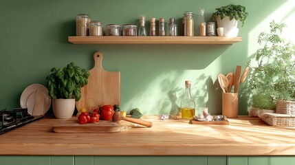 Digital render of a rustic kitchen countertop with various herbs, vegetables, and wooden utensils against a green wall.