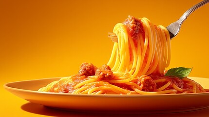Photograph of spaghetti with meatballs on an orange plate, served with a fork against a bright orange background.