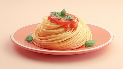 3D render of spaghetti on a pink plate with a tomato and basil garnish.