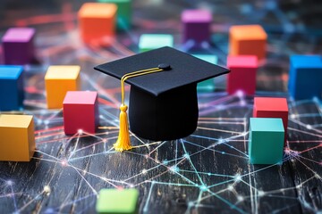 A graduation cap is connected to colorful blocks, symbolizing education, technology, and interconnected learning