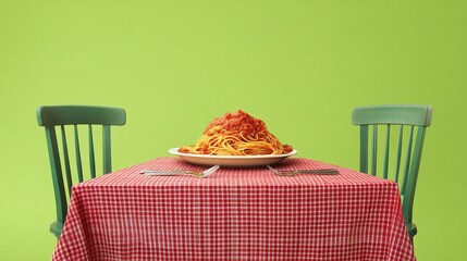 Photograph of a plate overflowing with spaghetti and tomato sauce, set on a checkered tablecloth with two chairs.