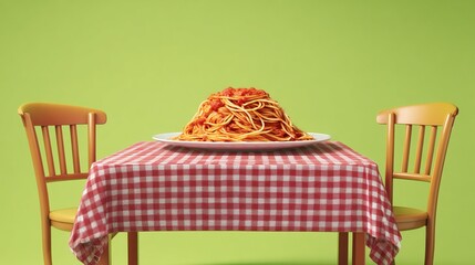 Photograph of a plate of spaghetti with tomato sauce on a checkered table with two wooden chairs.