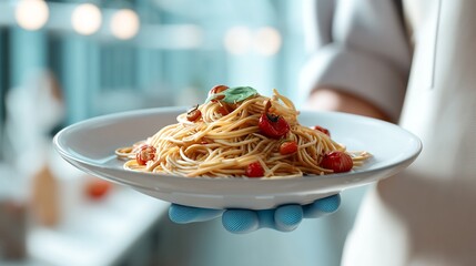 Photograph of spaghetti with cherry tomatoes and basil, presented on a white plate by a gloved hand.