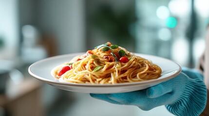 Photograph of a plate of spaghetti with tomatoes and herbs, presented by a gloved hand.